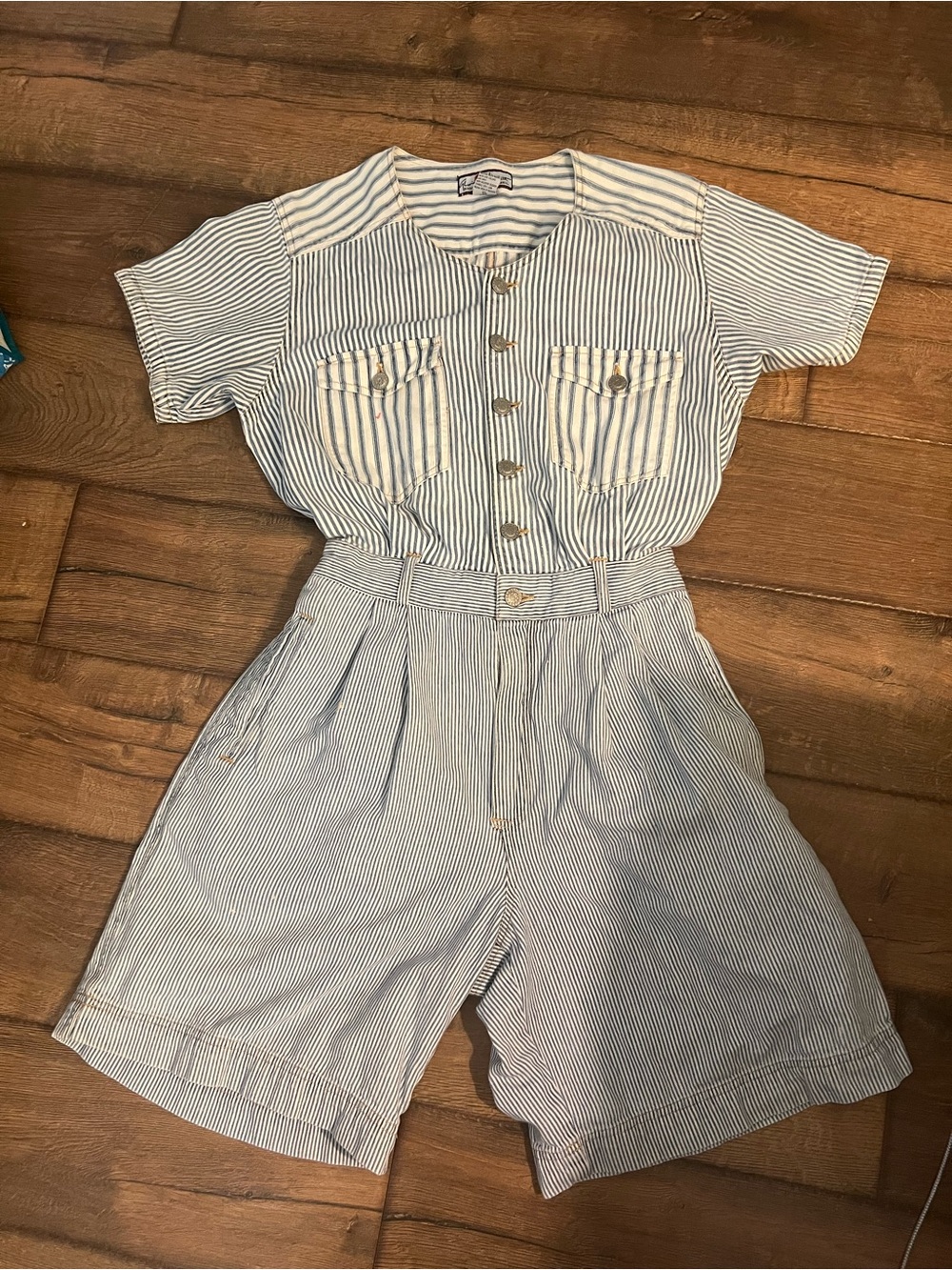 vintage 80’s Gloria Vanderbilt denim romper blue & white hickory stripe pattern